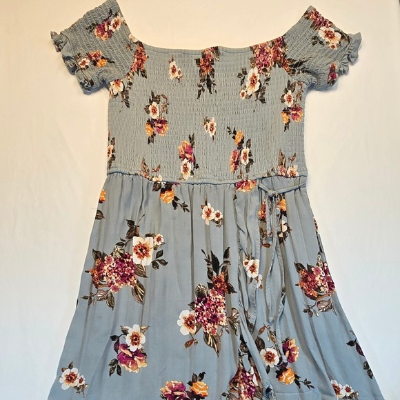 Xhilaration Blue Floral Smocked Off Shoulder Ruffle Hem Midi Dress Medium - Picture 2 of 11